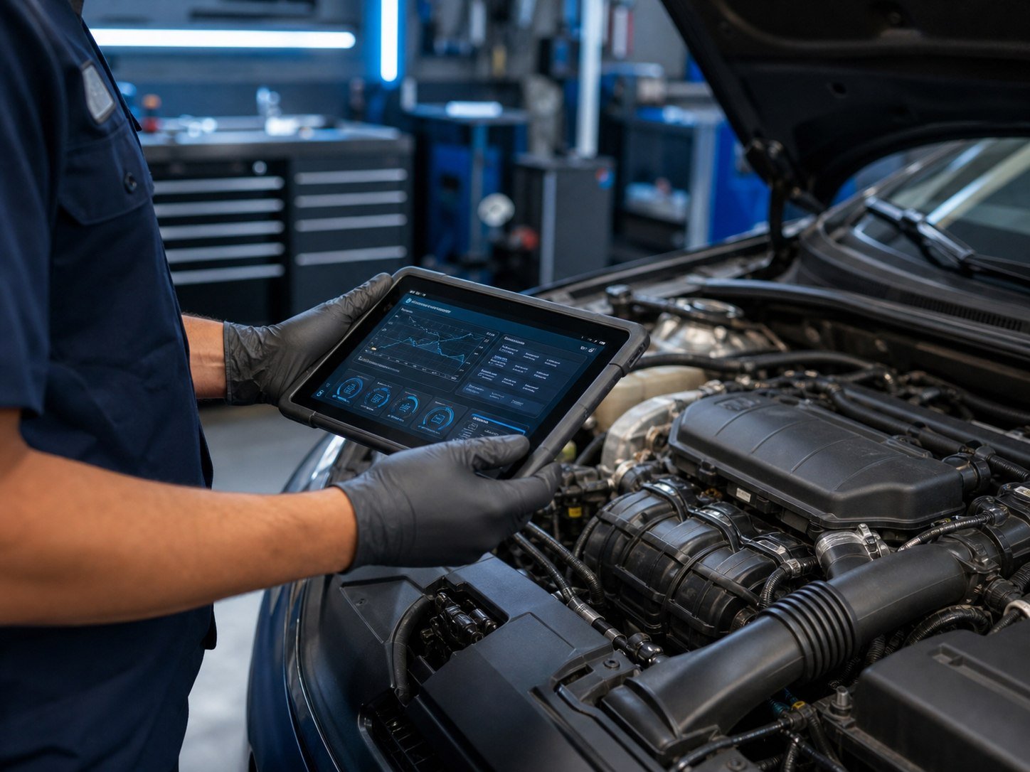 Entity Auto Repair technician using a diagnostic tablet beside an open engine